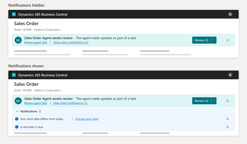 Notificaciones de revisión de un agente en un pedido de venta de Business Central